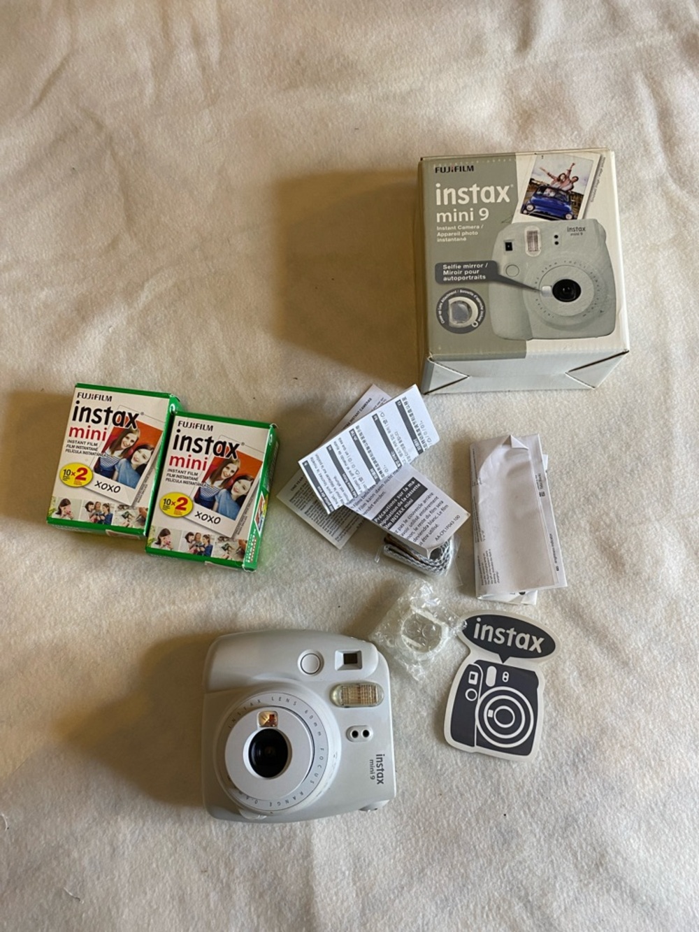 Instax mini 9 gray and color with box accessories and two rolls of film
